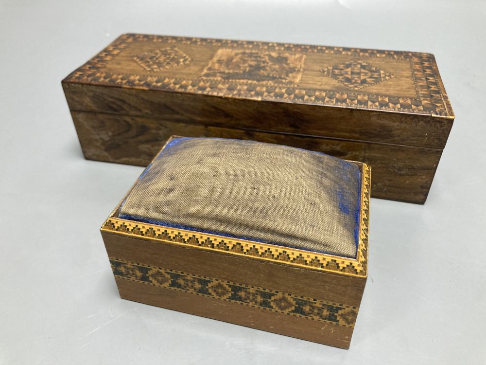 A Tunbridge ware box, width 24cm, and a Tunbridge ware pin cushion